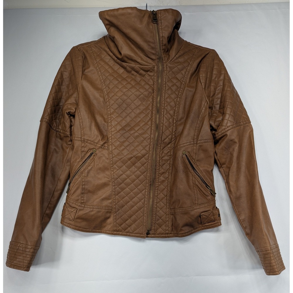 Therapy Quilted Faux Leather Moto Jacket Brown Zip Up Collar‎ Size Small